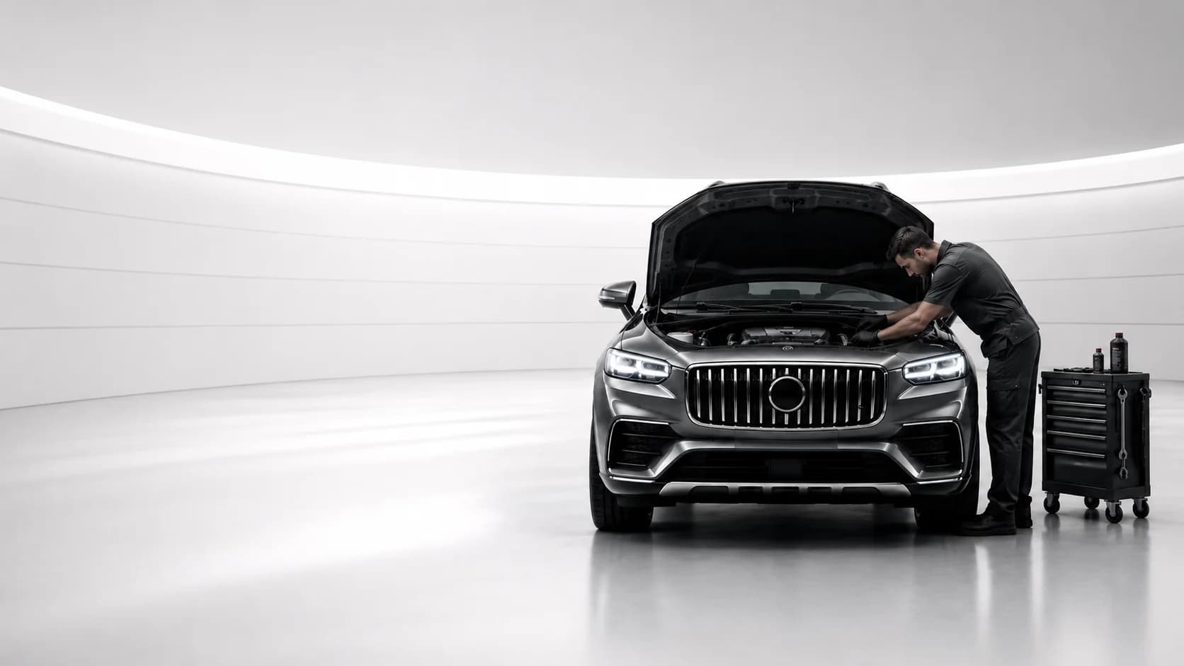 A technician servicing a luxury SUV in a bright studio workshop