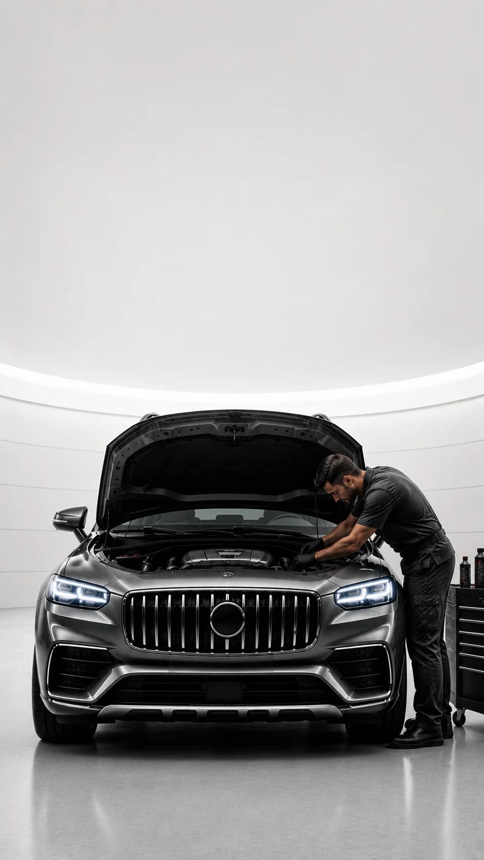 A technician servicing a luxury SUV in a bright studio workshop